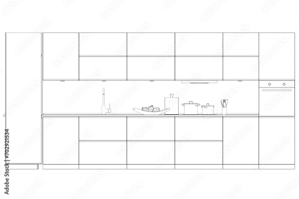 Kitchen interior furniture isolated on transparent background, outline illustration, sketch Kitchen interior furniture isolated on transparent background, outline illustration, sketch