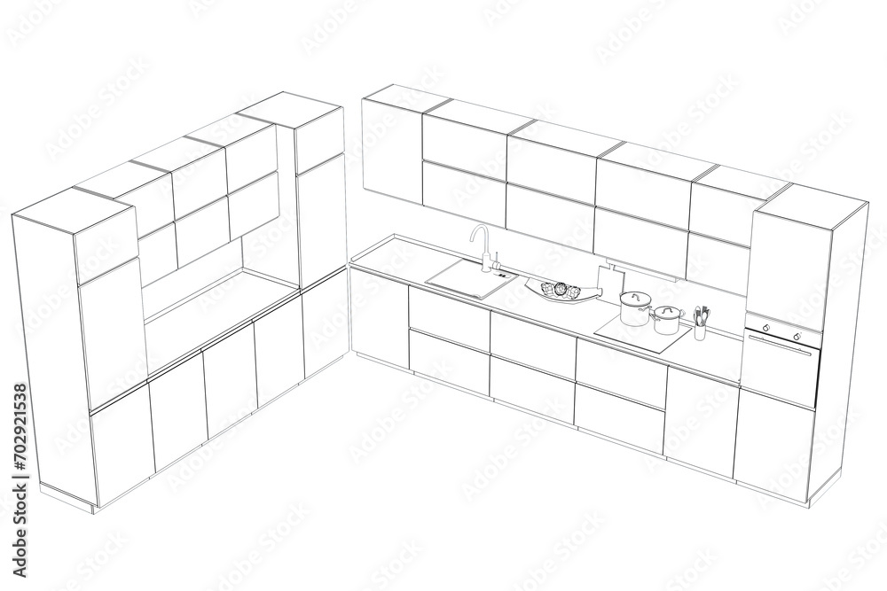 Fototapeta premium Kitchen interior furniture isolated on transparent background, outline illustration, sketch