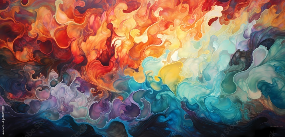 Waves of liquid in an explosion of rich, radiant hues, forming intricate patterns against a canvas of abstract brilliance