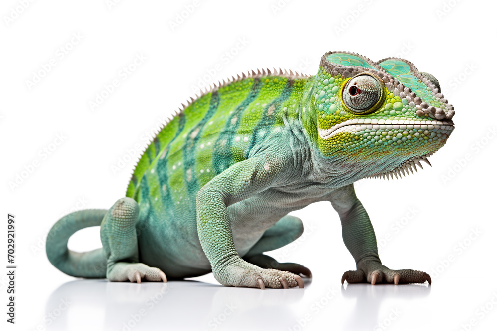 Green colored chameleon on white background. Generative AI Green colored chameleon on white background. Generative AI