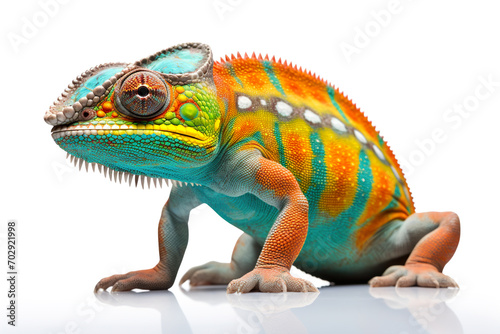 Very colored chameleon on white background. Generative AI © Philippe