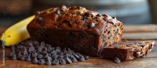 Chocolate chip banana bread displayed on a wooden table.