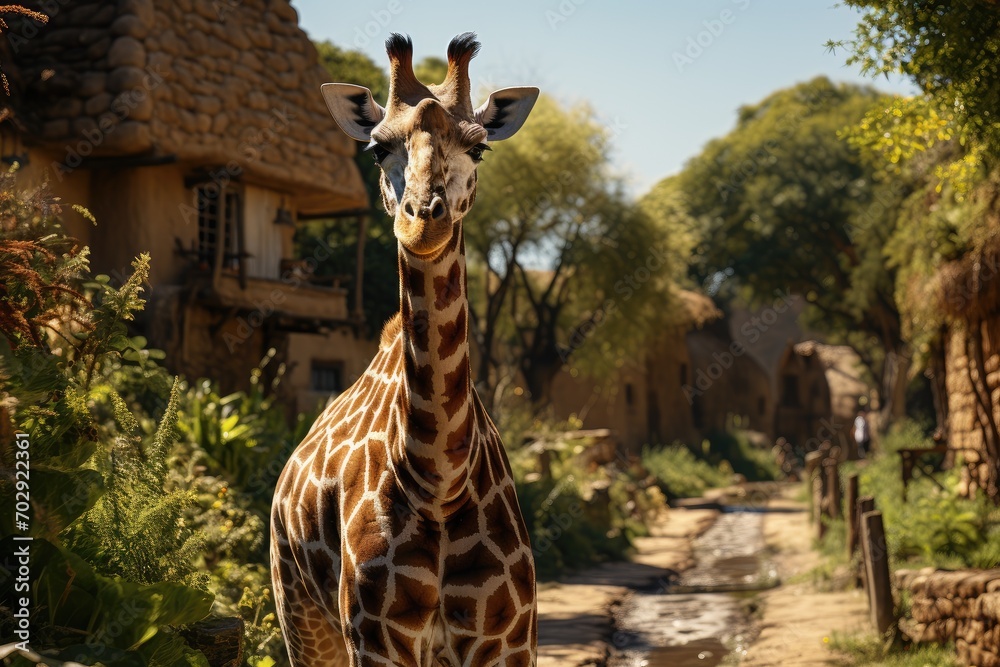 Fototapeta premium Giraffe on Kilimanjaro mount background in National park of Kenya, Africa. safari trip