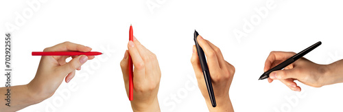 Hand holding red pen, digital stylus black pencil, drawing, top and side view, isolated on white photo