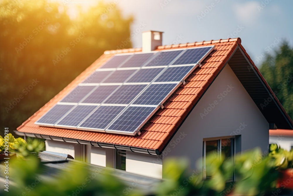 Naklejka premium Solar panels on the roof of a house. Sustainable green energy concept. Ai Generative