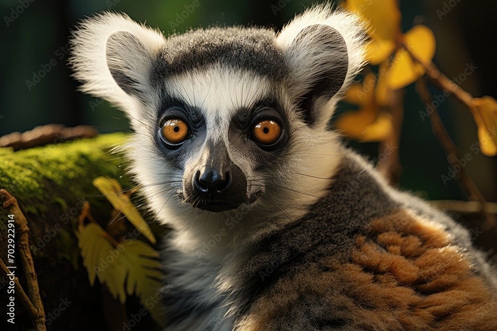 Fototapeta premium The ring-tailed lemur, Lemur catta is a large strepsirrhine primate and the most recognized lemur due to its long, black and white ringed tail.Like all lemurs it is endemic to the island of Madagascar
