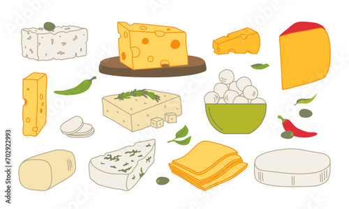 Set of pieces and slices of cheese isolated on a white background. Vector head of cheese in doodle linear style isolated on white background