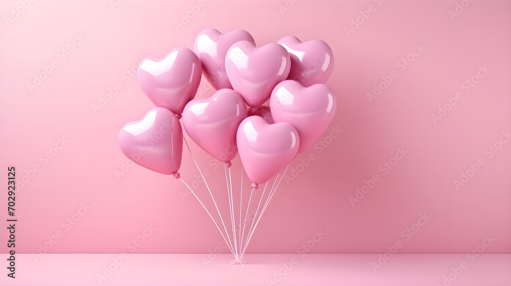 Balloons in the shape of hearts on a pink background.