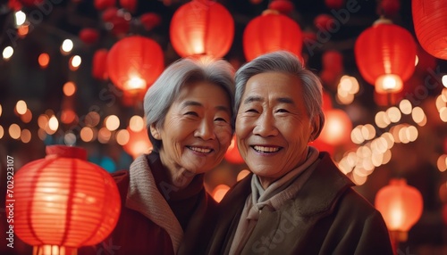 smiling Chinese old couple on lanterns background, lunar spring festival-topaz.jpeg, smiling Chinese old couple on lanterns background, lunar spring festival © Adi