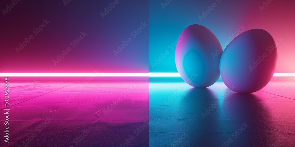 Minimalist banner with Easter eggs in neon light, cyber punk Minimalist banner with Easter eggs in neon light, cyber punk
