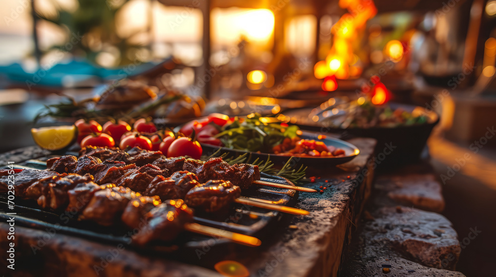 delicious grilled meat with vegetables over the coals on a barbecue