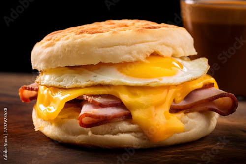 English muffin with fried egg, ham and cheese breakfast on the wooden board photo