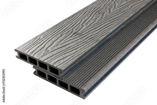 Wood plastic composite patio decking boards isolated on white background