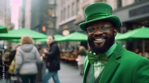 A man in a green top hat and a green bowtie celebrates St. Patrick's Day