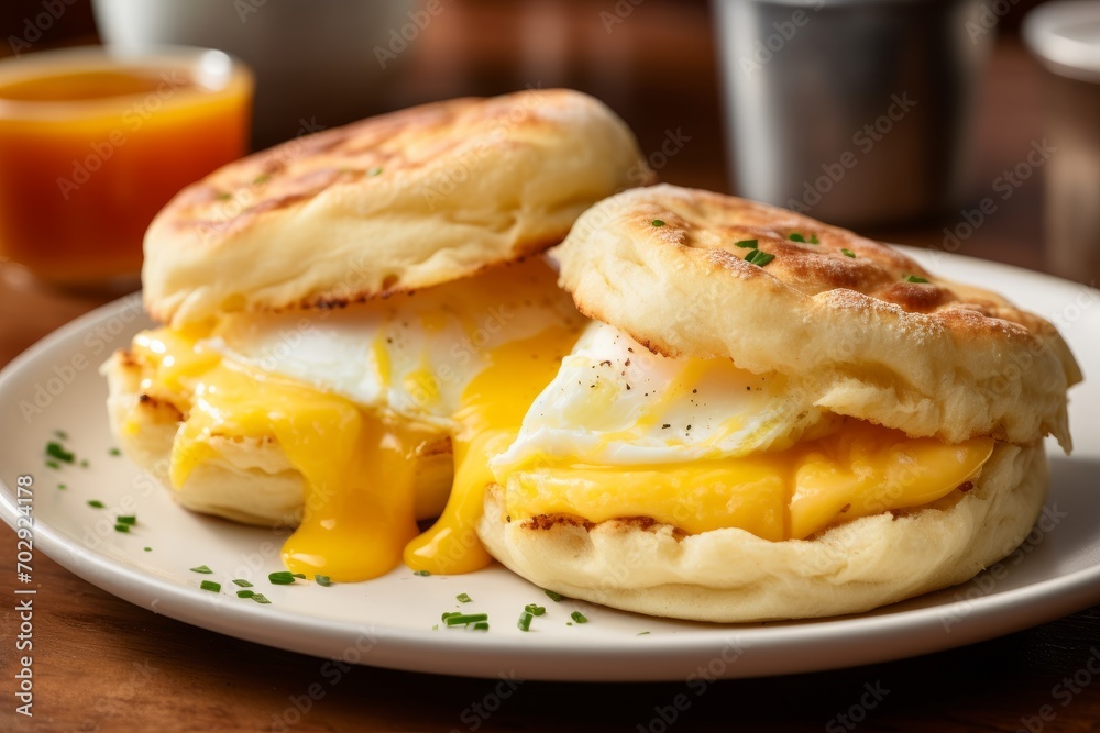 Two homemade English muffins with fried egg and cheese breakfast on the white plate Two homemade English muffins with fried egg and cheese breakfast on the white plate