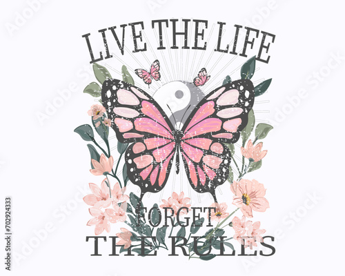 vintage butterfly retro flowers ying yang sun positive quote motivation