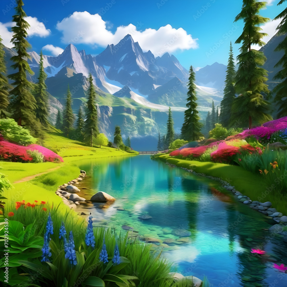 The realistic personality show captures the essence of breathtaking nature, as it showcases a wide shot of a lush and vibrant landscape, with magnificent mountains standing tall in the distance. The s