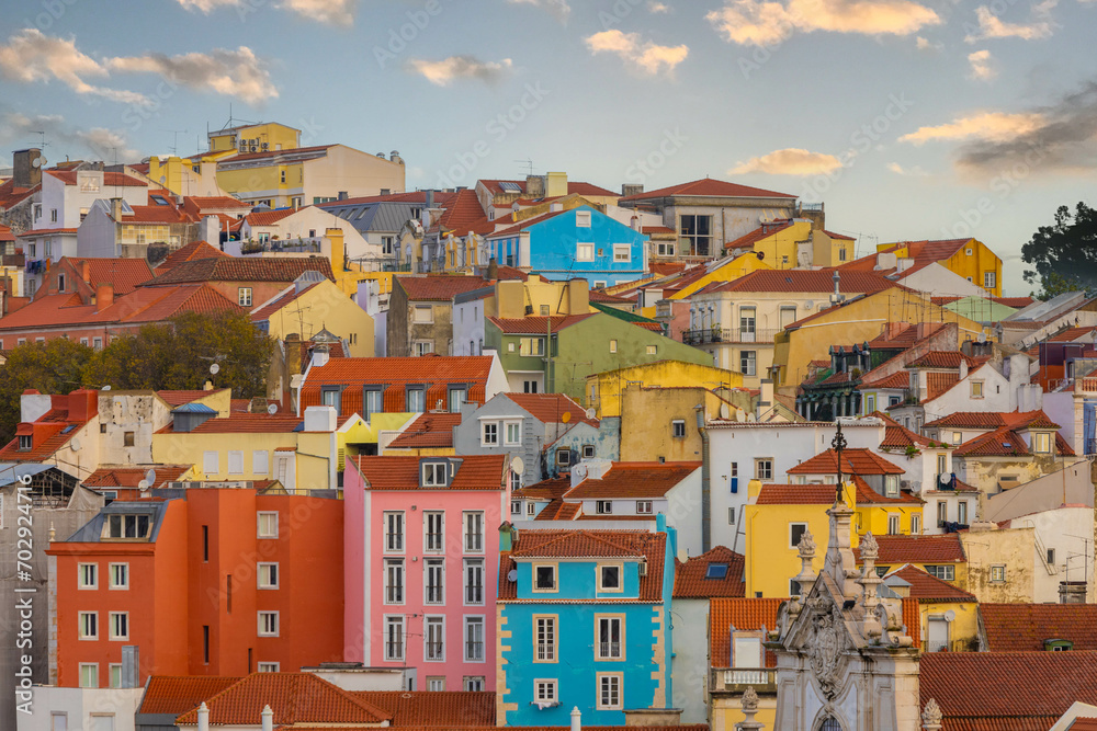 Lisbon, Portugal. 7 December 2023. Cityscape of colorful traditional houses in Lisbon historic center, Portugal.