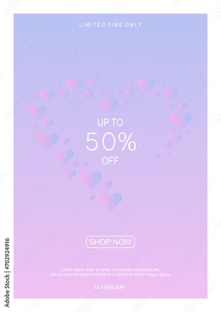 Valentines day vector flyer template with 50% sale and discount special offers. Vector illustrations for greeting cards, backgrounds, online shopping, sale ads, web and social media banners, marketing