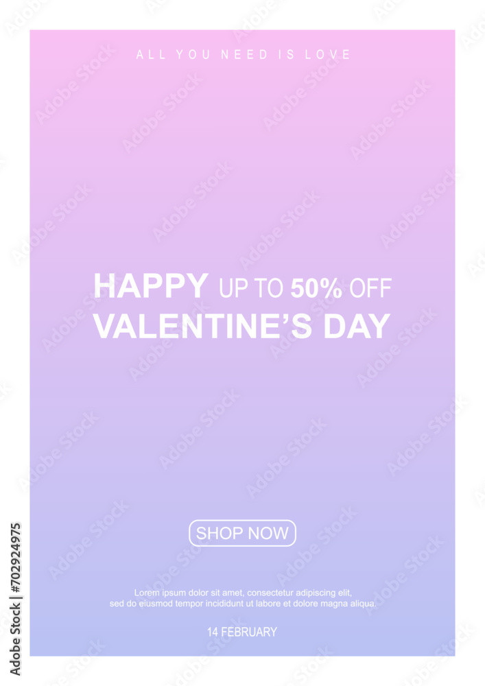Valentines day vector flyer template with 50% sale and discount special offers. Vector illustrations for greeting cards, backgrounds, online shopping, sale ads, web and social media banners, marketing