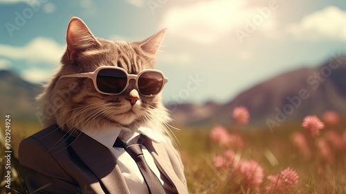 a cat wearing a suit and sunglasses, in the style of photorealistic landscapes, verdadism, pink and brown, animated gifs, photo-realistic hyperbole, uhd image, pop culture mash-up