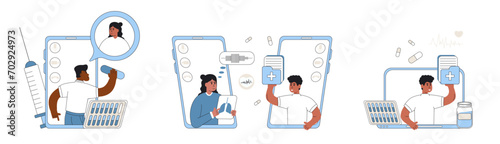 Online medical consult doctor set. Patients meeting with doctors online, having consultation and receiving digital prescription. Telemedicine and healthcare concept. Vector illustration.