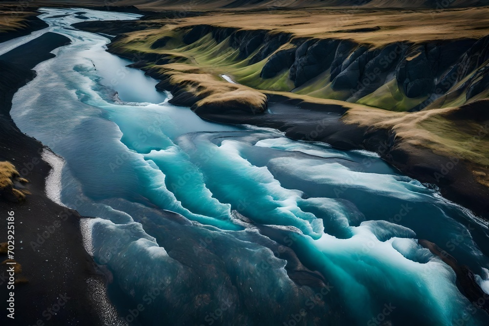 A glacial rivers from above. Aerial photograph of the river streams from Icelandic glaciers. Beautiful art of the Mother nature created in Iceland. Wallpaper background high quality photo 