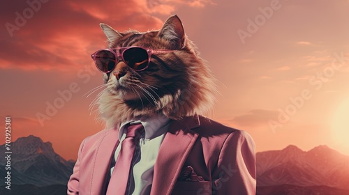 a cat wearing a suit and sunglasses, in the style of photorealistic landscapes, verdadism, pink and brown, animated gifs, photo-realistic hyperbole, uhd image, pop culture mash-up