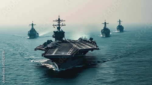 Aerial view. The aircraft carrier accompanied by a squad ships. Photo with space for text. photo