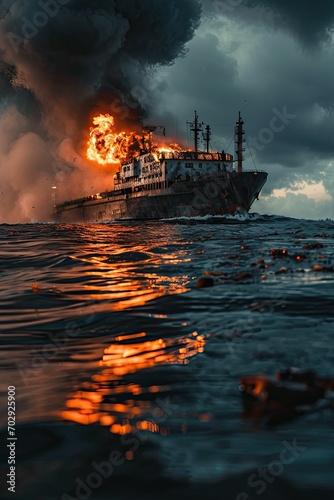 Cargo ship is burning at sea. A fire on the ship. Space for text.