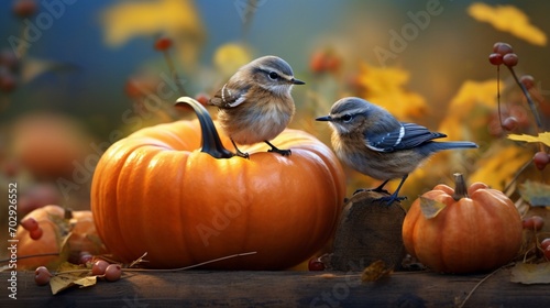 A heartwarming image of finch birds nestled among pumpkins in a countryside setting, emphasizing the symbiotic relationship between nature and the autumn harvest.