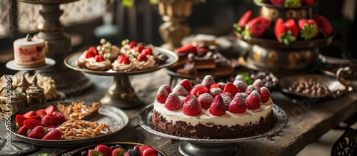 Turkish hotel dessert table with a variety of cakes, sweets, including a brownie cake topped with strawberries. photo