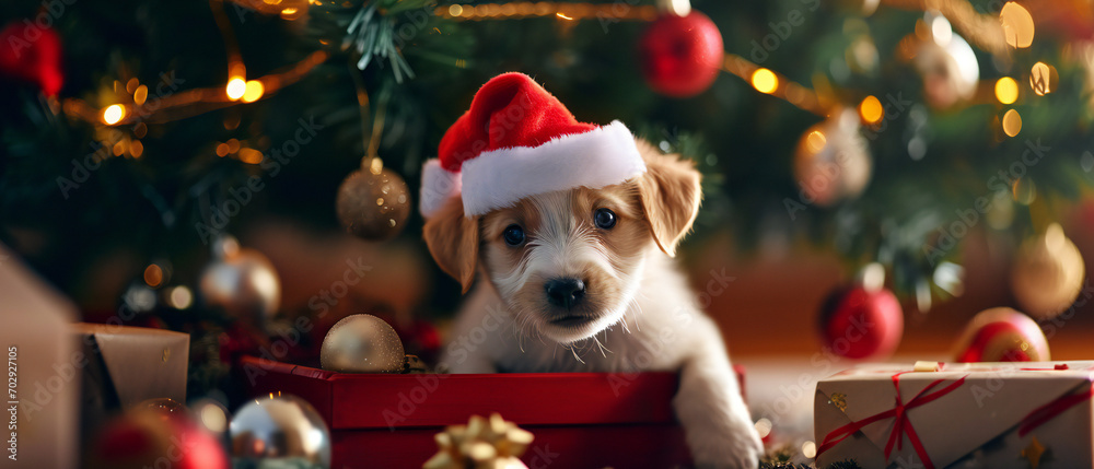 Cute puppy with santa hat sits in the gift box under