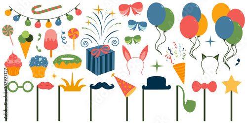 Collection of various festive elements for a birthday party. Set of simple and cute items for design. Vector hand drawn illustration. All elements are isolated.