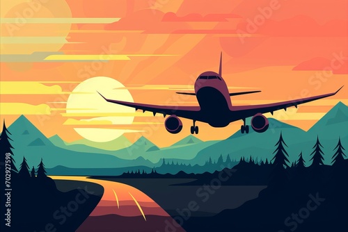 Tourism concept. Hand-drawn. Serene Landscape. Majestic Mountains  Sunset over Winding Road  Tranquil Forest Painting. Passenger plane.