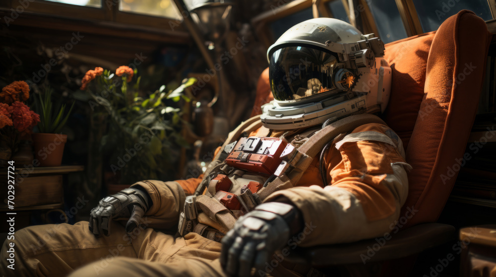 An astronaut in a spacesuit resting in a chair at home. Space home