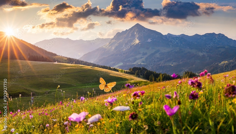 Field full of flowers with colorful butterflies