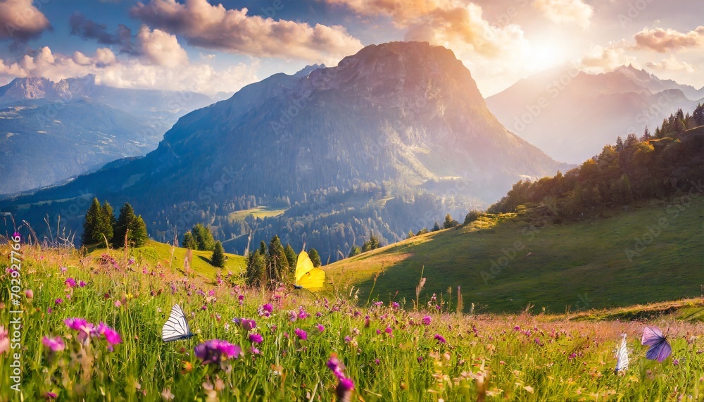 Fototapeta premium Field full of flowers with colorful butterflies
