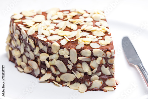 buiscuit cake with dark chocolate decorated with almonds photo