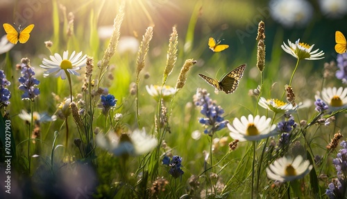 Field full of flowers with colorful butterflies