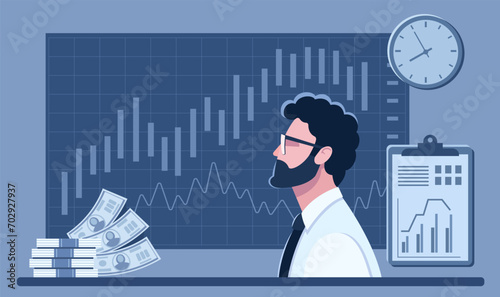 Male stock trader, broker, businessman, manager, analyst, investor. The concept of trading shares on the stock exchange, securities market analysis, investment, marketing. Director, business manager.