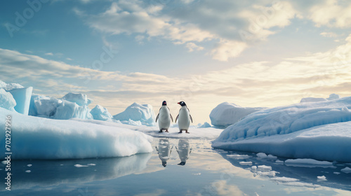Two penguins stand on melting ice in Arctic Ocean