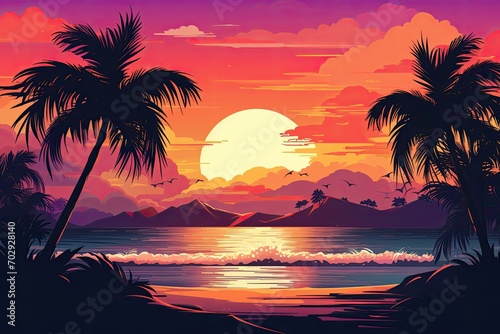 A tropical island sunset banner template, perfect for romantic getaways