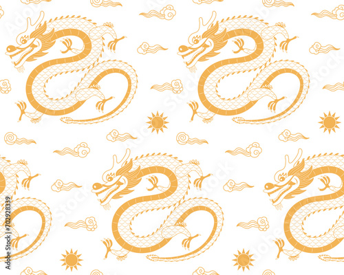 2024 Asian zodiac sign, Chinese dragon gold seamless pattern on transparent background. Vector illustration. Line art style design. Lunar New Year, Mid Autumn Festival holiday backdrop, package