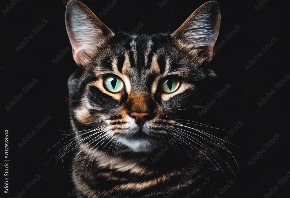Close-up of a striking tabby cat with intense eyes against a dark background
