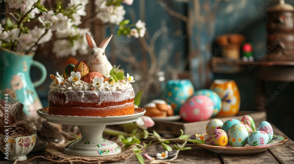 Stand with Easter cake, painted eggs and bunny