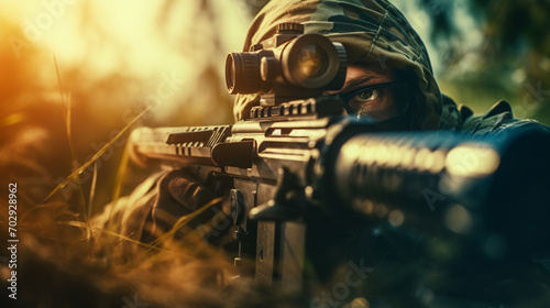 View through scope sniper rifle to military soldier