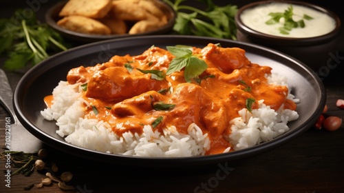 Delicious Indian dishes with chicken and curry in oil with rice