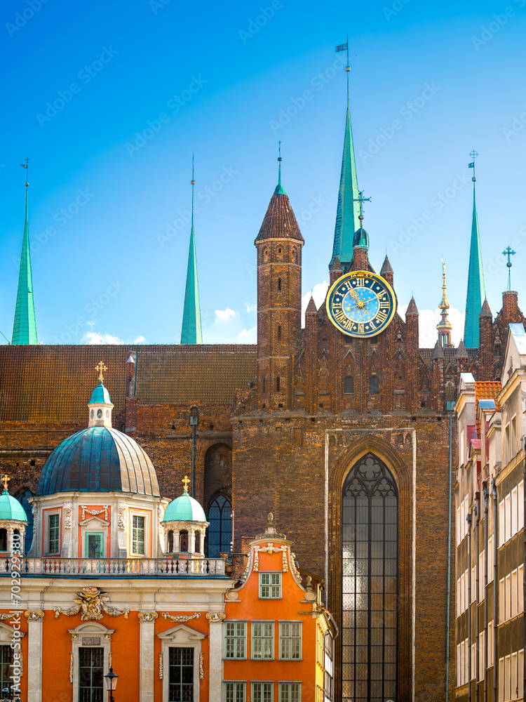 Beautiful view of the old town with St. Mary Basilica, Gdansk, Poland