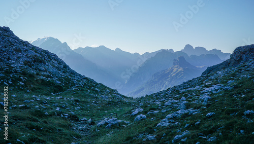 Awesome atmospheric mood in the italian dolomites. View into the valley and surrounding mountains at Sassopiatto mountains  South Tyrol